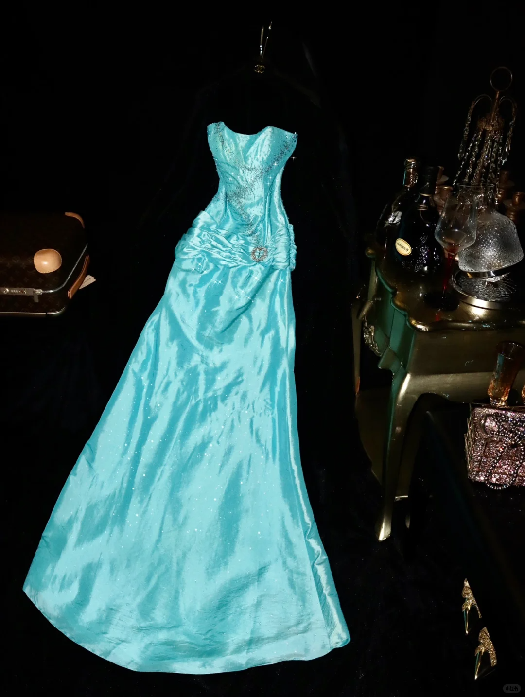 Vintage Mermaid Sweetheart Neck Beaded Blue Satin Long Prom Dress Evening Dress HZ1023