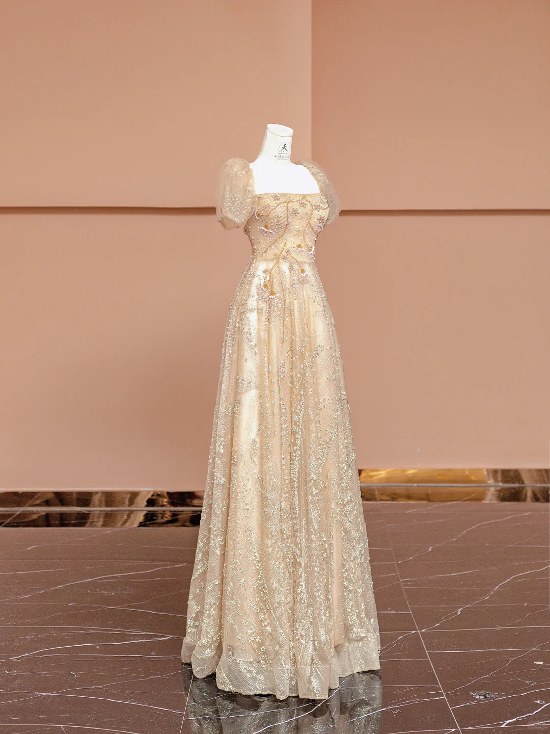 Pretty A Line Puff Beaded Sequin Champagne Tulle Long Prom Dress Party Dress HZ1023