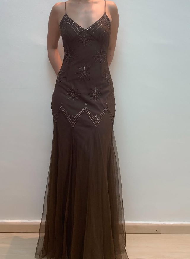Vintage Mermaid Spaghetti Strap Sequins Brown Chiffon Prom Dress Evening Dress HZ1023