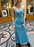 Blue A Line Halter Satin Open Back Long Wedding Guest Dress Party Dress HZ1023