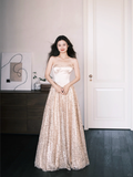 A Line Sweetheart Neck Champagne Satin Sequin Prom Dress Party Dresses HZ1023