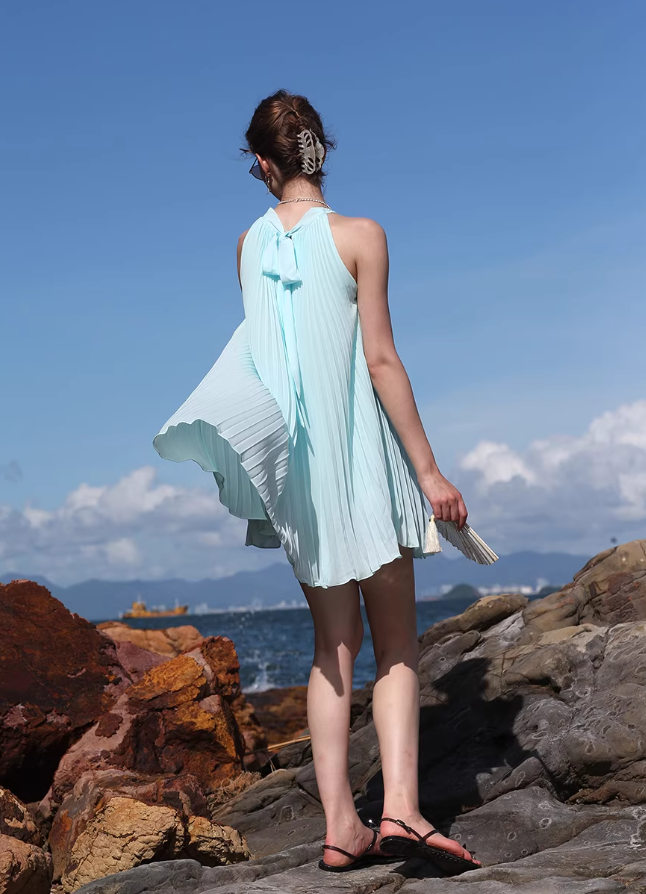 Blue A Line Halter Pleated Chiffon Short Homecoming Dress Vacation Dress Outfits HZ1023