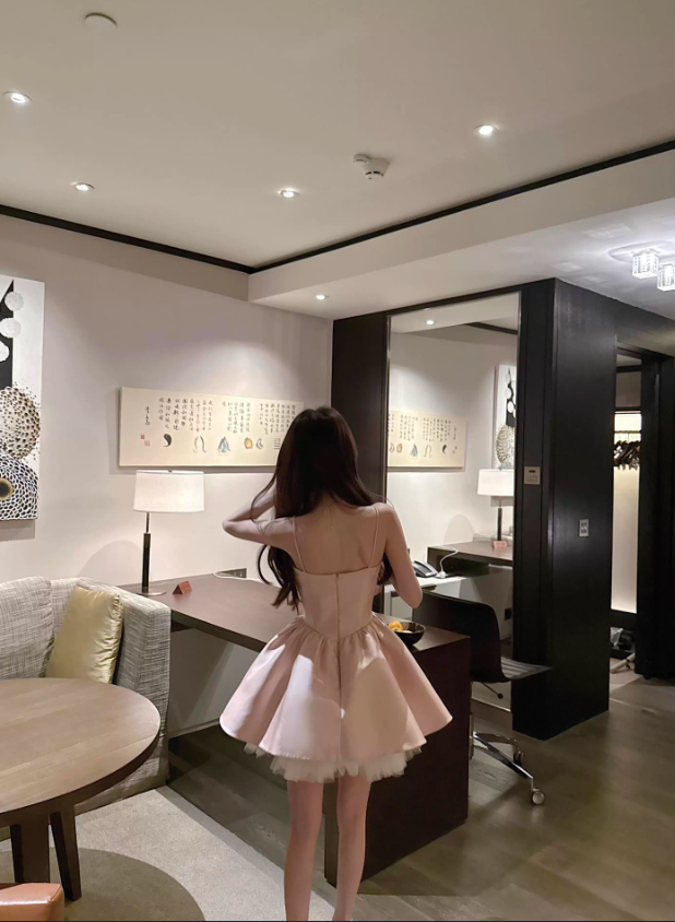 Pink Bow A Line Spaghetti Strap Satin Short Homecoming Dress Cocktail Dress HZ1023