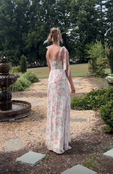 Chic Chiffon Print Floral A Line Slit Long Prom Dress With Bow Straps HZ1023