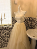Simple Light Champagne A Line Strapless Satin Tulle Party Dress Prom Dress HZ1023