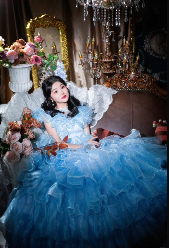 Blue Ball Gown Round Neck Layered Organza Prom Dress 16th Birthday Dress HZ1023