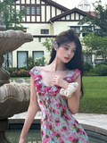 Romantic A Line Spaghetti Strap Print Floral Chiffon Prom Dress Outfits HZ1023