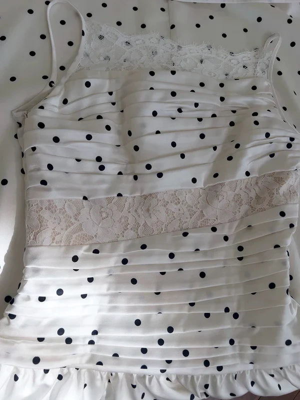A Line Spaghetti Straps Polka Dots Lace Chiffon Prom Dress Formal Dress HZ1023