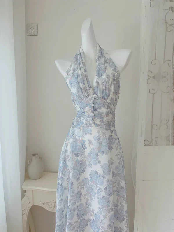 Elegant A Line Halter Lilac Floral Chiffon Long Evening Dress Outfits HZ1023