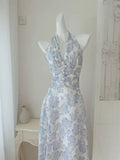 Elegant A Line Halter Lilac Floral Chiffon Long Evening Dress Outfits HZ1023
