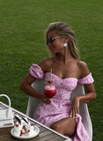 Romantic A Line Off the Shoulder Pink Print Floral Satin Vacation Dress Outfits with Slit HZ1023