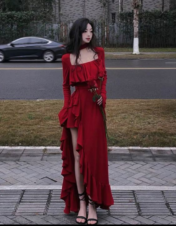 Vintage Red Prom Dress Long Irregular Evening Dress HZ1023