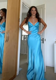 Blue Backless Mermaid Satin Long Evening Prom Dress HZ1023
