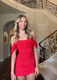 Pretty Off The Shoulder Ruched Sheath Short Prom Dress Homecoming Dress HZ1023