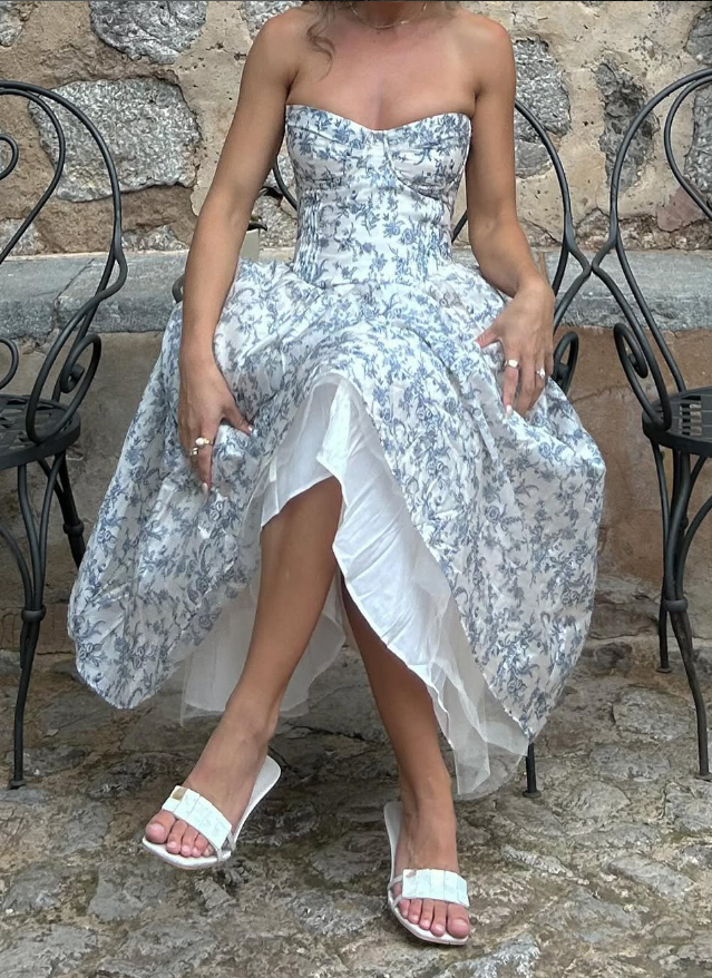 Cute A Line Sweetheat Neck Print Floral Blue Satin Long Prom Dress Evening Dress HZ1023