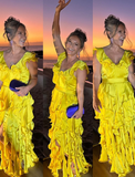 Yellow Sheath Strap Ruffle Satin Long Prom Dress Evening Dress HZ1023