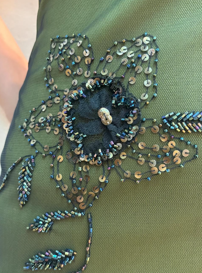 Vintage Mermaid V Neck Beaded Green Chiffon Satin Prom Dress Evening Dress HZ1023