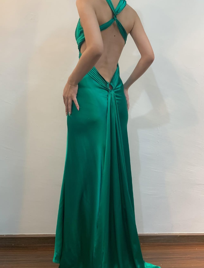 Vintage Sheath V Neck Sequin Beaded Green Satin Open Back Prom Dress Evening Dress HZ1023