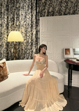 Apricot A Line Spaghetti Strap Sequin Chiffon Long Prom Dress Date Dress HZ1023