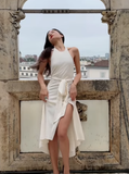 White A Line Halter Satin Open Back Long Wedding Guest Dress Party Dress with Slit HZ1023
