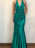 Vintage Mermaid Halter V Neck Green Satin Open Back Long Prom Dress Evening Dress HZ1023