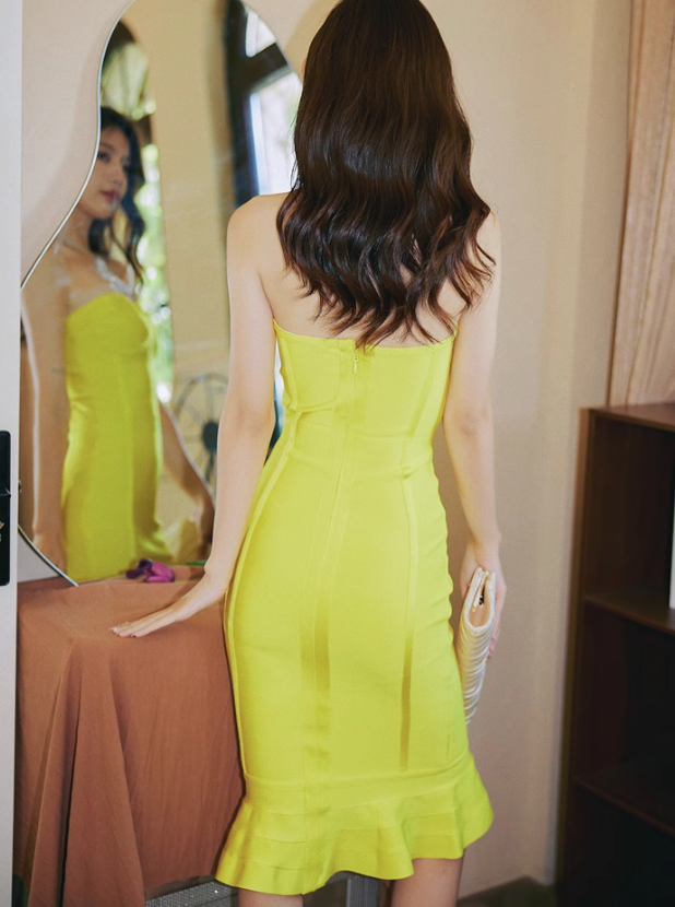 Cute Bright Yellow Mermaid Sweetheart Neck Satin Short Homecoming Dress Cocktail Dress HZ1023