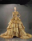 Luxurious Gold Strapless Pleated Irregular Neck Layered Prom Dress Ball Gown Quincea?era Party Dress HZ1023
