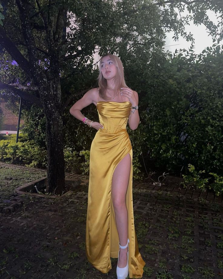 Yellow Satin Spaghetti Straps Slit Prom Dress Evening Dress HZ1023
