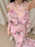 Flowy Pink A Line Spaghetti Strap Print Floral Chiffon Open Back Prom Dress Vacation Dress HZ1023