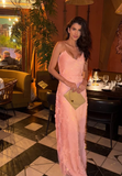 Stunning Pink Sheath Spaghetti Strap Sequin Party Dress Wedding Guest Dress Prom Dress HZ1023