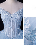 Blue Lace Tulle Appliques Long Prom Dress Formal Evening Dress HZ1023