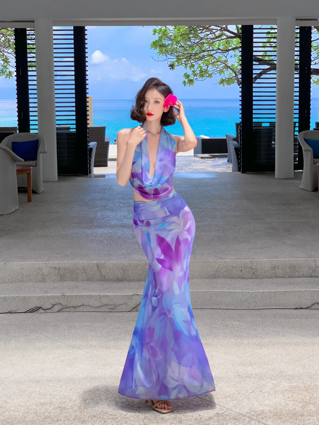 Two Piece Mermaid Halter Purple Print Floral Chiffon Long Prom Dress Outfits HZ1023