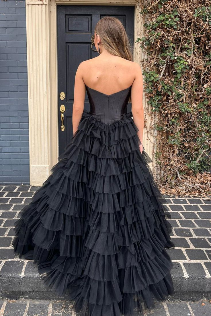 Black Strapless Multi-Layers Tulle Long Prom Dress HZ1023