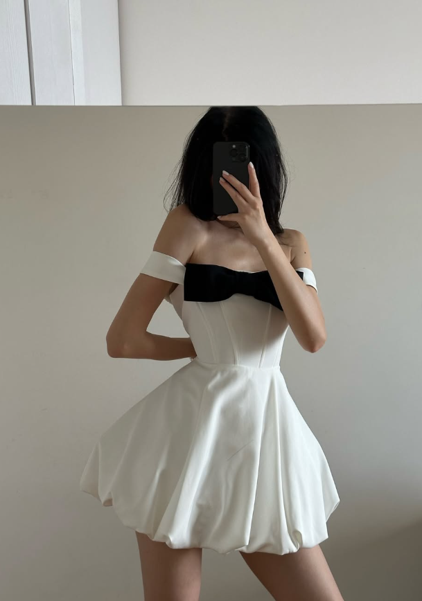 Cute Bow A Line Off the Shoulder White Satin Short Homecoming Dress Party Dress HZ1023