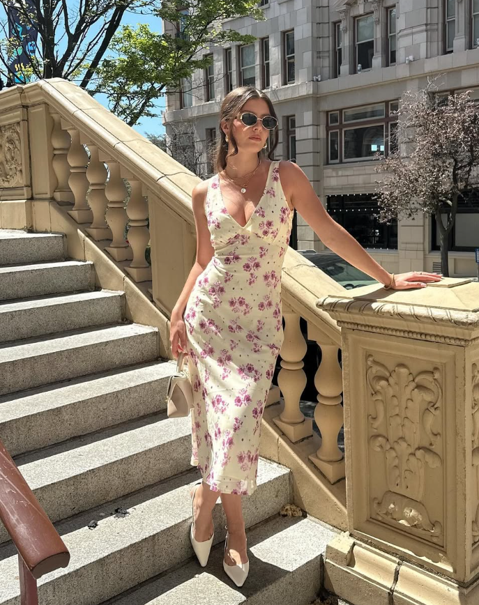 Simple A Line V Neck Print Floral Chiffon Prom Dress Evening Dress HZ1023
