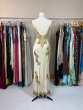 Vintage Sheath Spaghetti Strap Lace Champagne Satin Party Dress Evening Dress with Slit HZ1023
