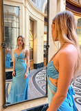 Blue A Line Halter Satin Open Back Long Wedding Guest Dress Party Dress HZ1023