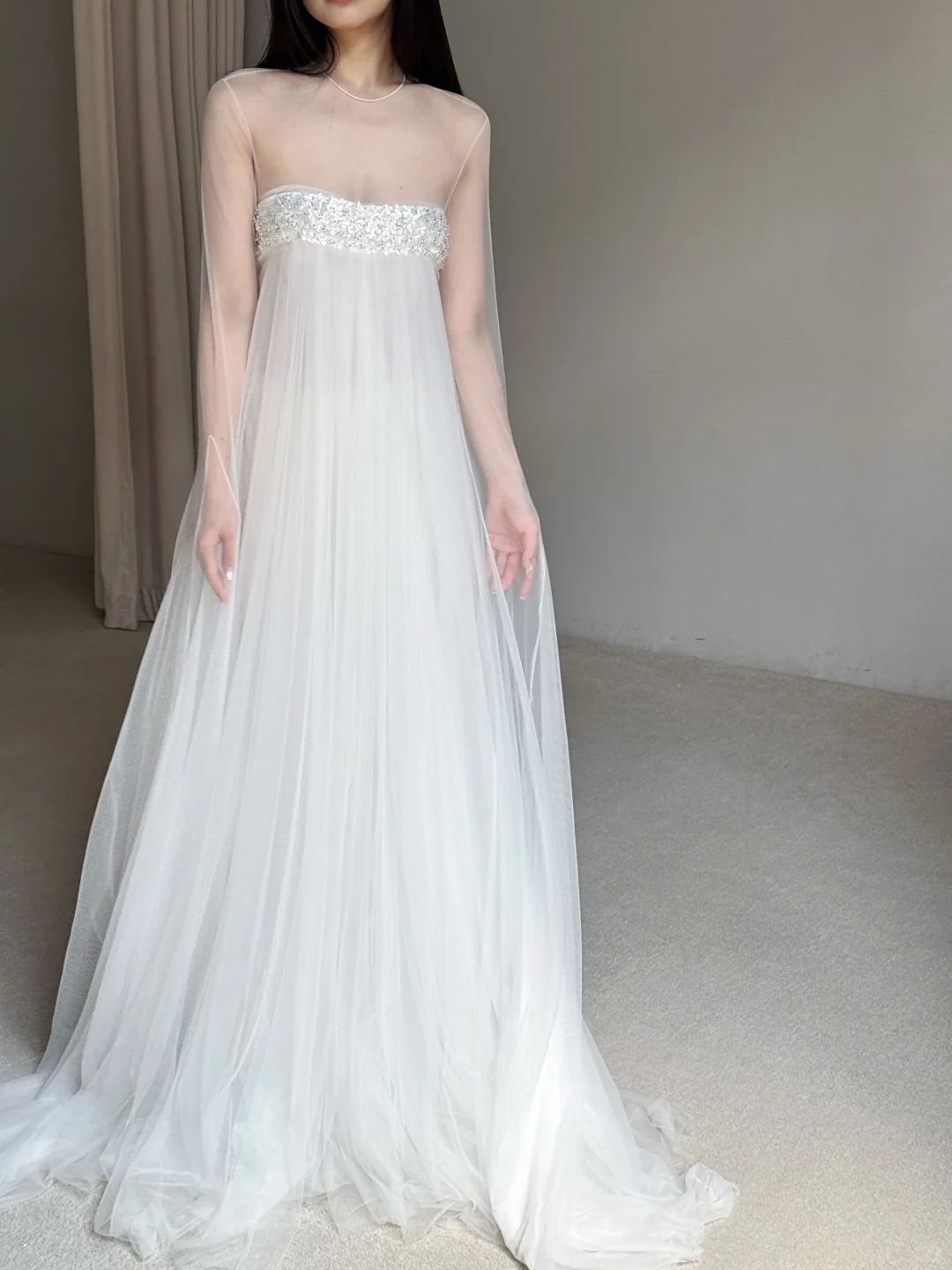 White A Line Long Sleeve Beaded Flowy Tulle Prom Dress Evening Dress HZ1023