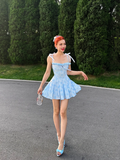 Blue A Line Spaghetti Strap Print Floral Satin Party Dress Homecoming Dress HZ1023
