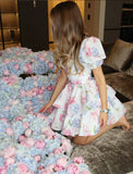 Blue Pink Print Floral A Line Puff V Neck Chiffon Short Homecoming Dress Outfits HZ1023