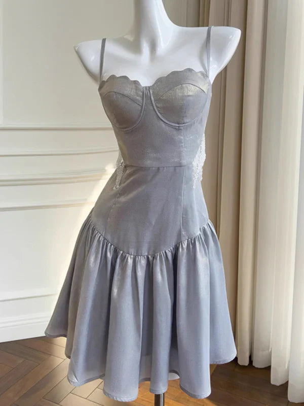Grey A Line Spaghetti Strap Beaded Satin Short Homecoming Dress Cocktail Dress HZ1023