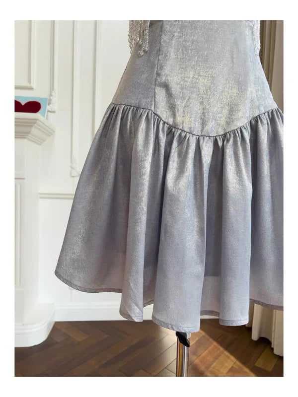 Grey A Line Spaghetti Strap Beaded Satin Short Homecoming Dress Cocktail Dress HZ1023