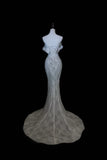 White Elegant Mermaid Off the Shoulder Beaded Lace Long Prom Dress Party Dress HZ1023