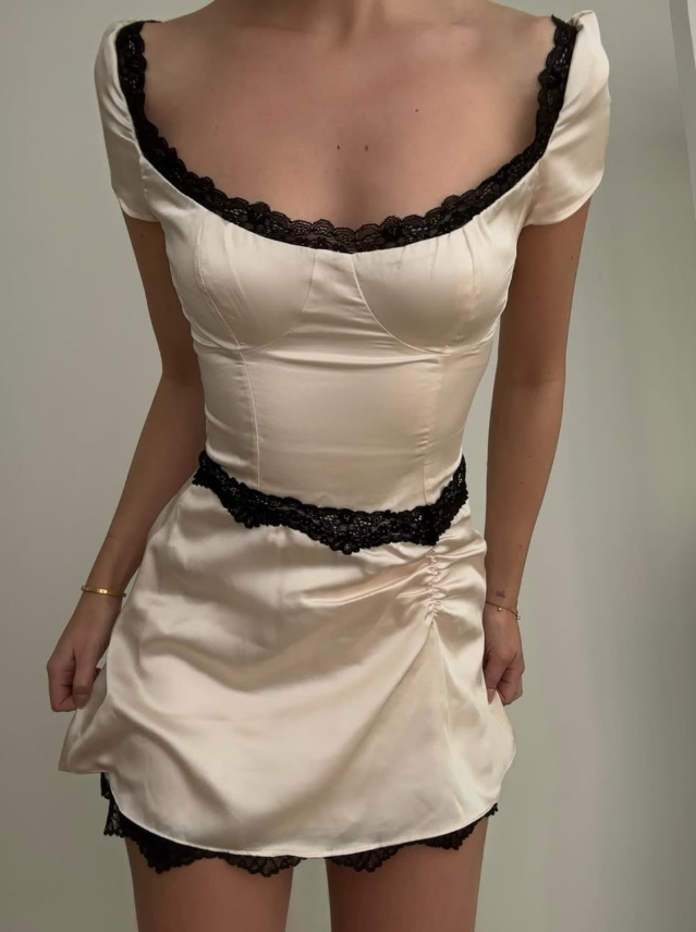 Apricot A Line Round Neck Black Lace Satin Homecoming Dress Cocktail Dress Outfits HZ1023