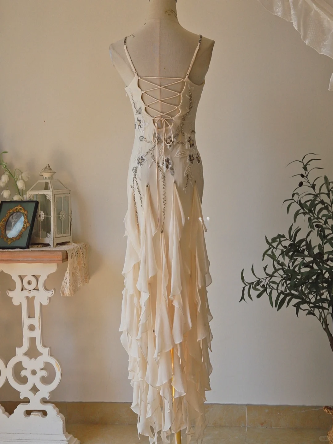 Apricot Mermaid Spaghetti Strap Embroidered Beaded Ruffle Chiffon Prom Dress Formal Dress HZ1023