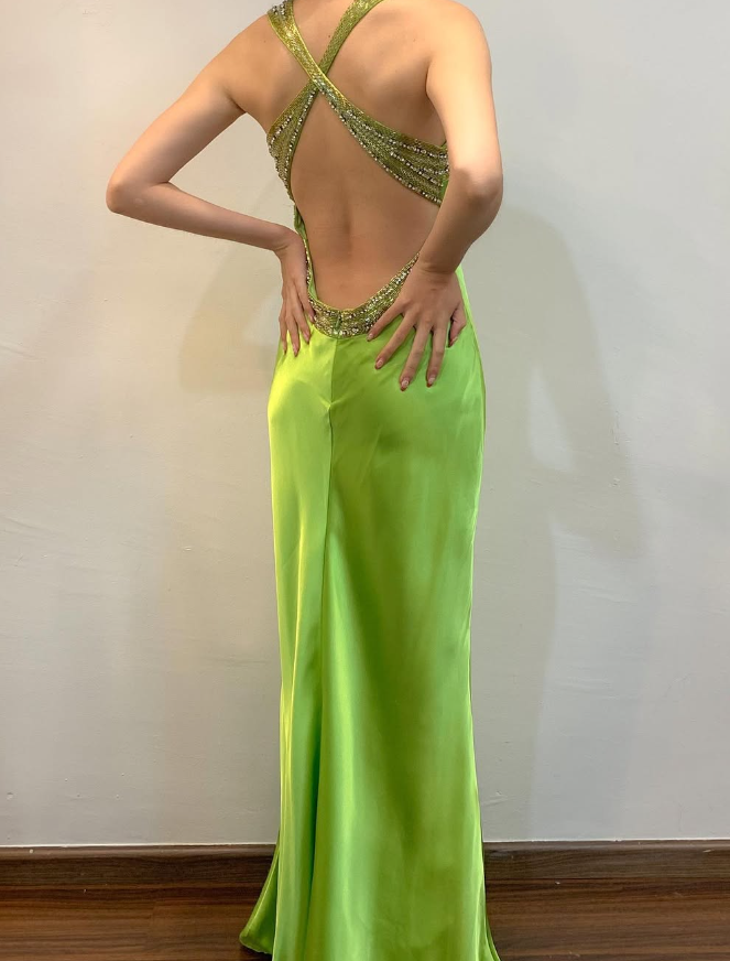Vintage Sheath Strap Beaded Sequin Green Satin Open Back Prom Dress Evening Dress HZ1023