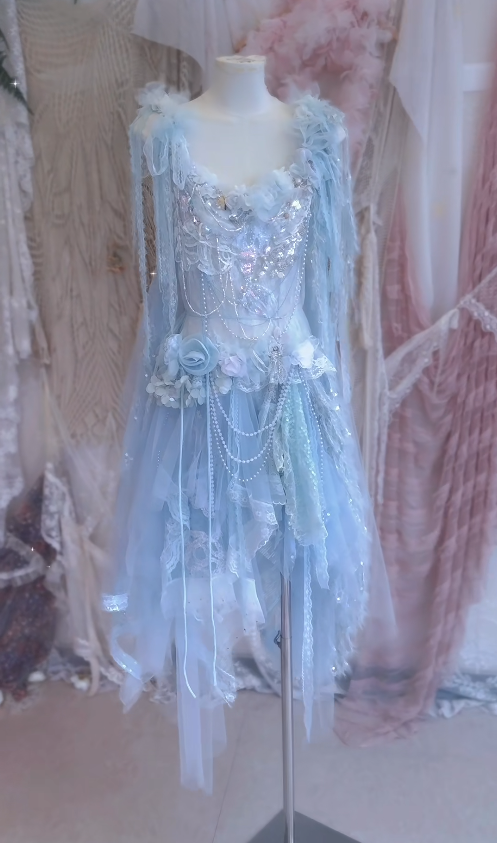 Baby Blue A Line Straps Floral Beaded Tulle Short Prom Dress 16th Birthday Dress HZ1023