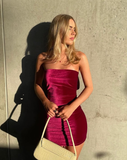 Hot Pink Sheath Strapless Velvet Short Party Dress Evening Dress HZ1023