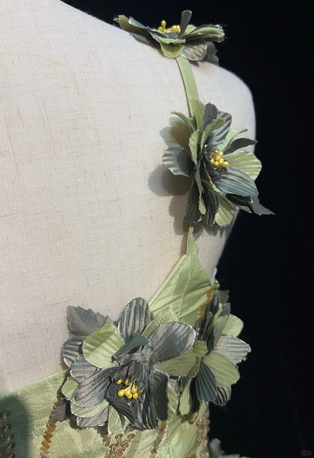 Vintage Green A Line Spaghetti Straps Beaded 3D Flower Satin Prom Dress Evening Dress HZ1023