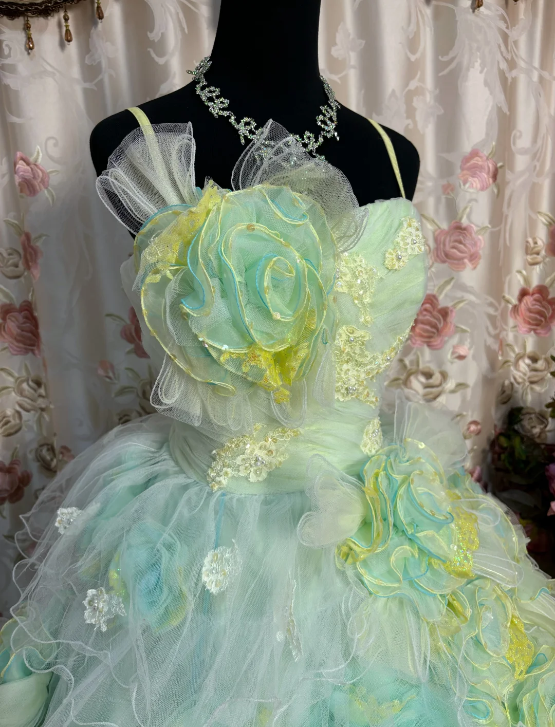 Green Ombre Ball Gown Spaghetti Strap Floral Tulle Long Prom Dress Evening Dress HZ1023